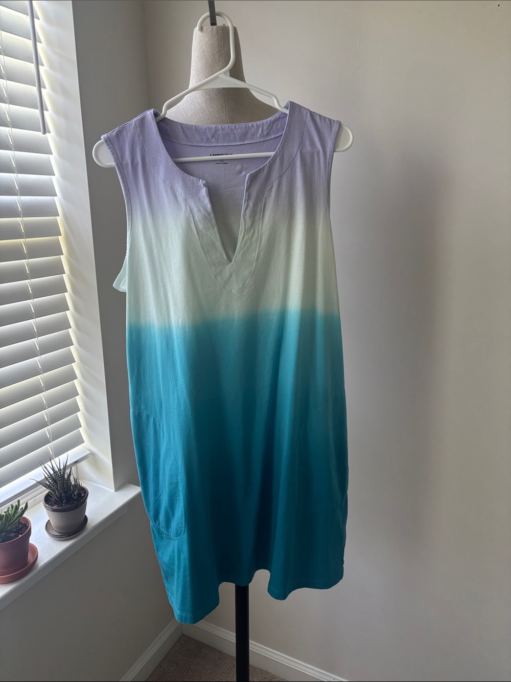Lands' End Cover Up Dress Womens Large Sleeveless Ombre Tunic Tie Lavender Blue